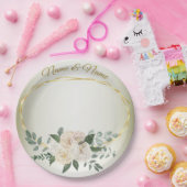 Wedding Greenery Leaves Pink Floral Gold Geometric ペーパープレート (パーティー)