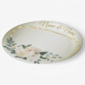 Wedding Greenery Leaves Pink Floral Gold Geometric ペーパープレート (アングル)