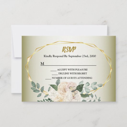 Wedding Greenery Leaves Pink Floral Gold Geometric 出欠カード (正面)