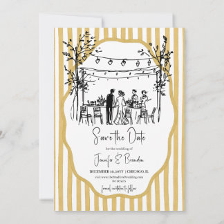 Wedding hand sketched mustard striped 招待状