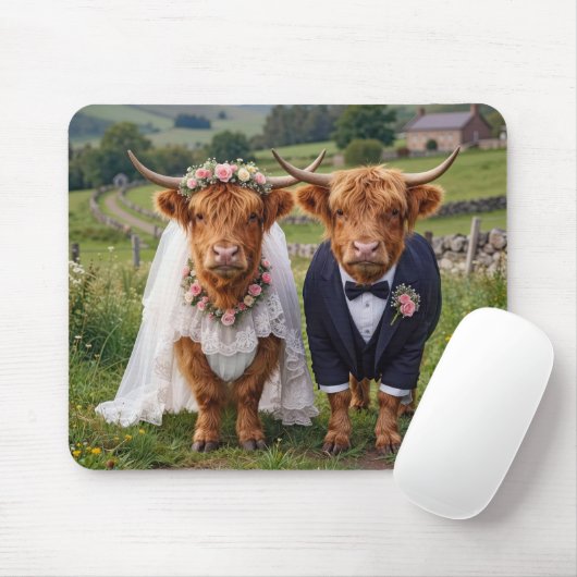 Wedding Highland Cows in a Pasture マウスパッド (マウス)
