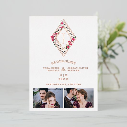 Wedding Initials 2 Photos Real Rose Gold Effect  箔招待状 (立ち正面)