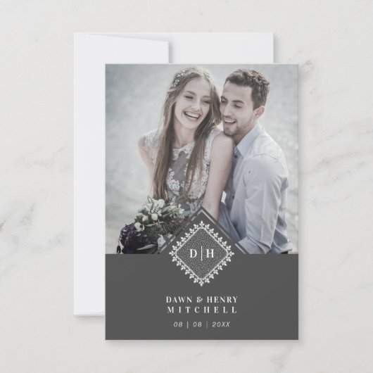 Wedding Initials Ornamental Lace Sophisticated サンキューカード (正面)