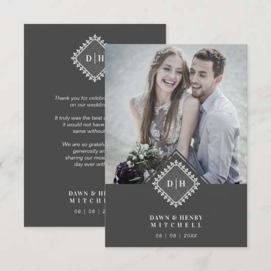 Wedding Initials Ornamental Lace Sophisticated サンキューカード (正面/裏面)