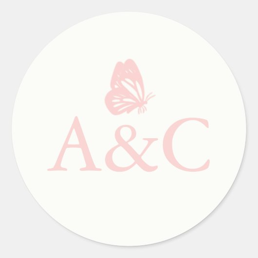 Wedding initials with butterfly Cream and Pink ラウンドシール (正面)