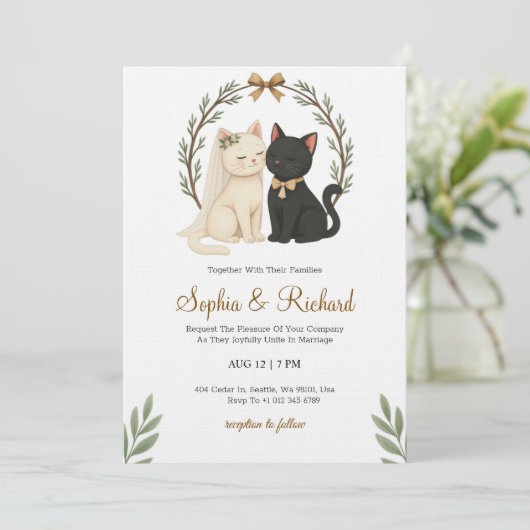 Wedding invitation card with a beige and black cat 招待状 (スタンド正面)
