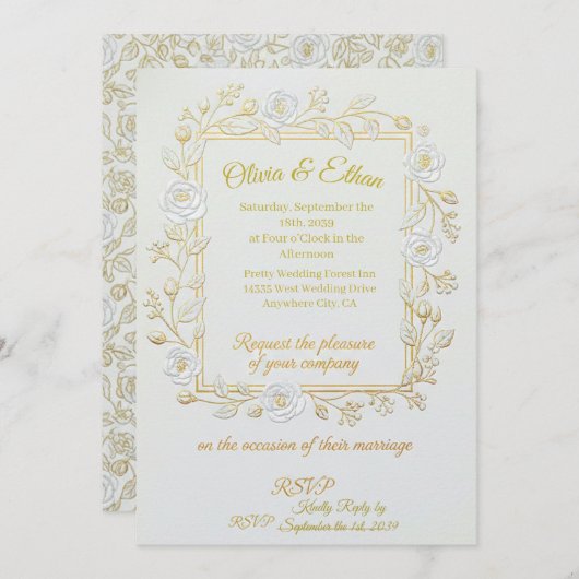 Wedding Invitation - Classic Gold & Olive Branch  招待状 (正面/裏面)