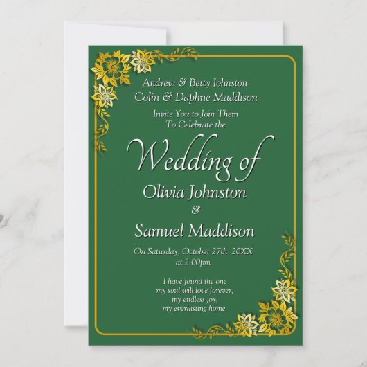 Wedding Invitation Emerald Green Gold White  招待状 (正面)