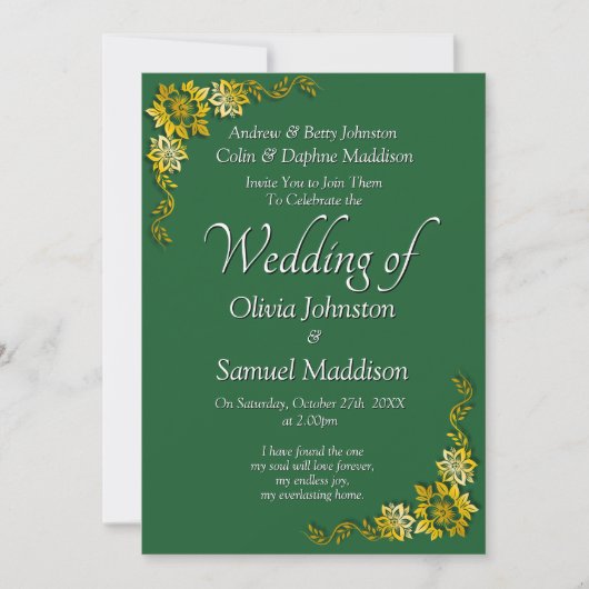 Wedding Invitation Emerald Green Gold White  招待状 (正面)