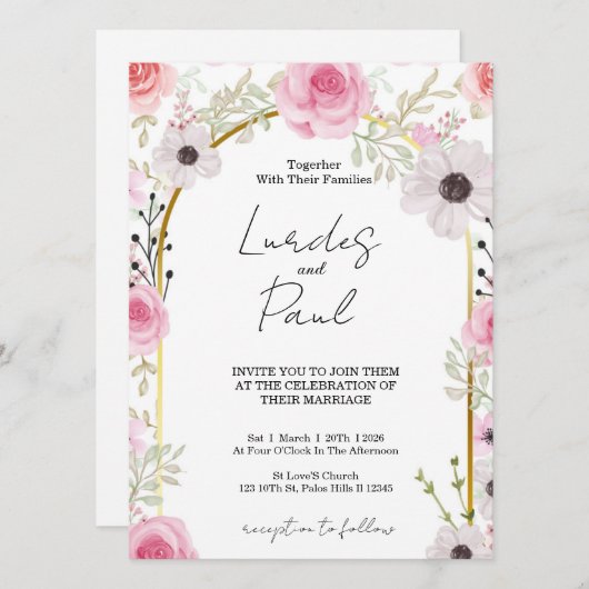 Wedding invitation Floral Pink 招待状 (正面/裏面)