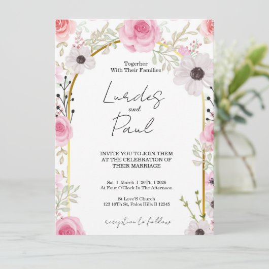 Wedding invitation Floral Pink 招待状 (スタンド正面)