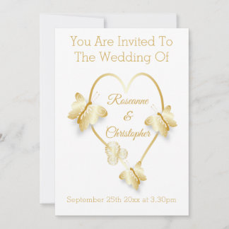Wedding Invitation Gold Coloured Heart Butterfly 招待状