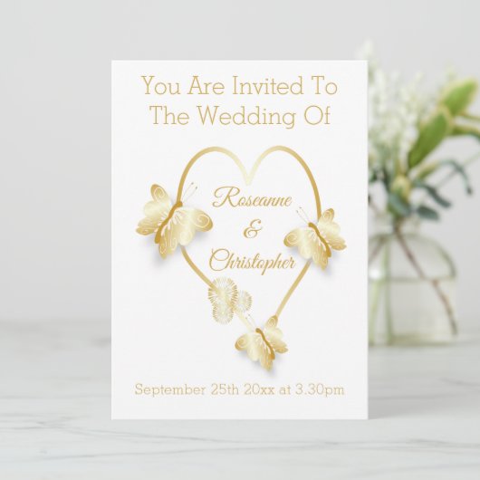 Wedding Invitation Gold Coloured Heart Butterfly 招待状 (スタンド正面)