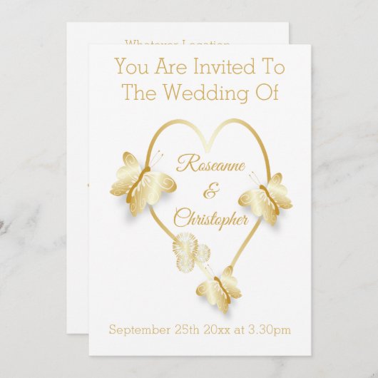 Wedding Invitation Gold Coloured Heart Butterfly 招待状 (正面/裏面)