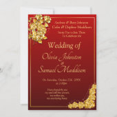 Wedding Invitation Gold Rose Flowers Maroon Red  招待状 (正面)