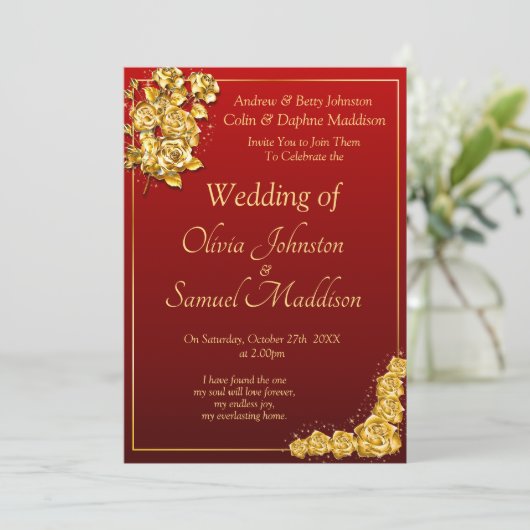 Wedding Invitation Gold Rose Flowers Maroon Red  招待状 (スタンド正面)