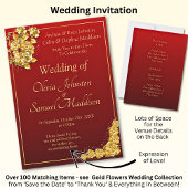 Wedding Invitation Gold Rose Flowers Maroon Red  招待状