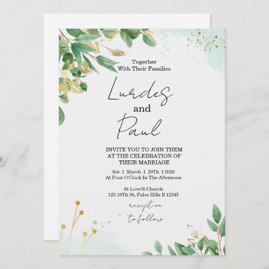 Wedding invitation green flowers with gold 招待状 (正面/裏面)