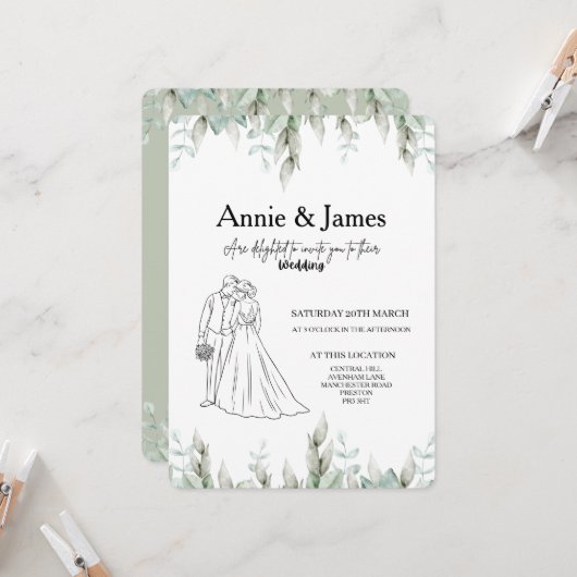 Wedding Invitation minimalist line art couple 招待状 (正面/裏面インサイチュ)