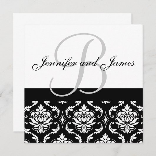 Wedding Invitation Monogram Names Black Damask 招待状 (正面/裏面)