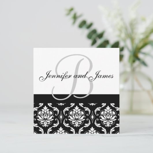Wedding Invitation Monogram Names Black Damask 招待状 (スタンド正面)
