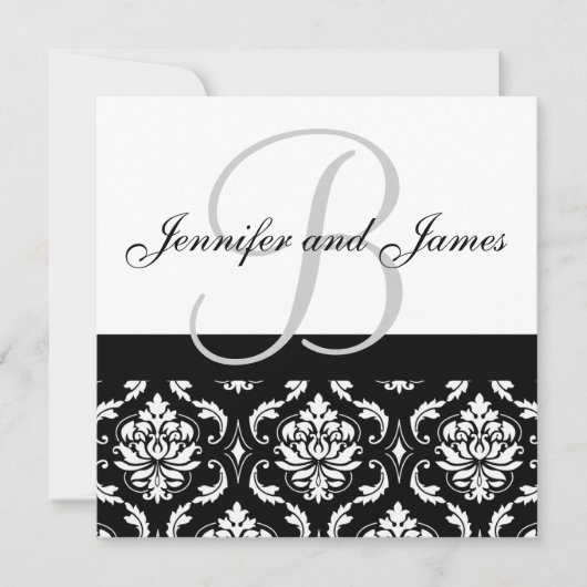 Wedding Invitation Monogram Names Black Damask 招待状 (正面)
