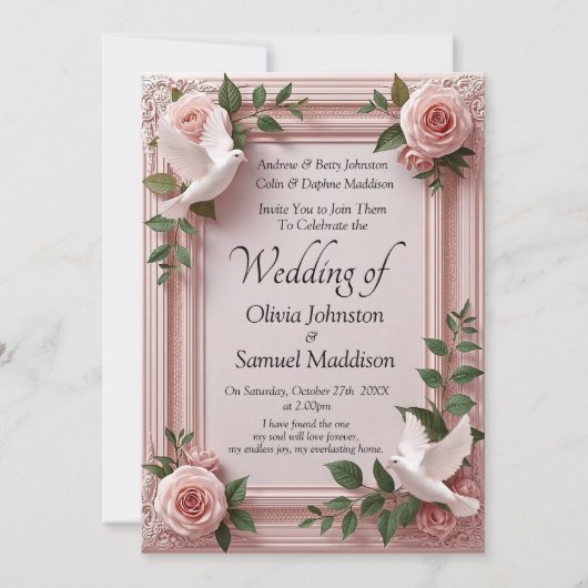 Wedding Invitation Pink Roses & Doves Wedding 招待状 (正面)