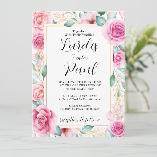  Wedding invitation Roses Pink 招待状 (スタンド正面)