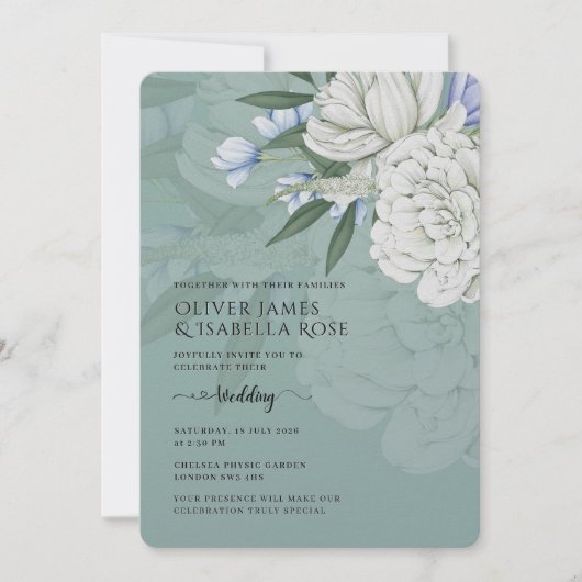 Wedding Invitation | Sage Green & White Peonies 招待状 (正面)