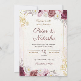 Wedding Invitation with Burgundy and Blush Flowers 招待状