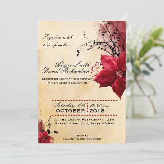 Wedding invitation with Red flowers 招待状 (スタンド正面)
