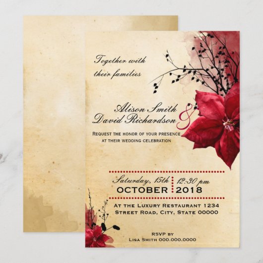 Wedding invitation with Red flowers 招待状 (正面/裏面)