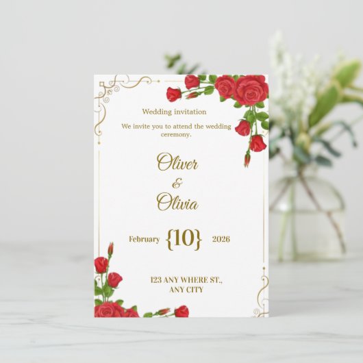 Wedding invitations adorned with red roses are in  招待状 (スタンド正面)