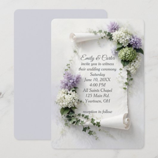 Wedding Invite Scroll with Lilacs and Hydrangeas  招待状 (正面/裏面)