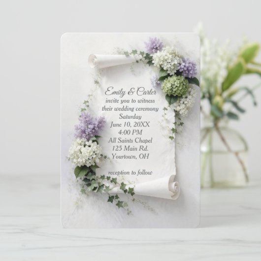 Wedding Invite Scroll with Lilacs and Hydrangeas  招待状 (スタンド正面)