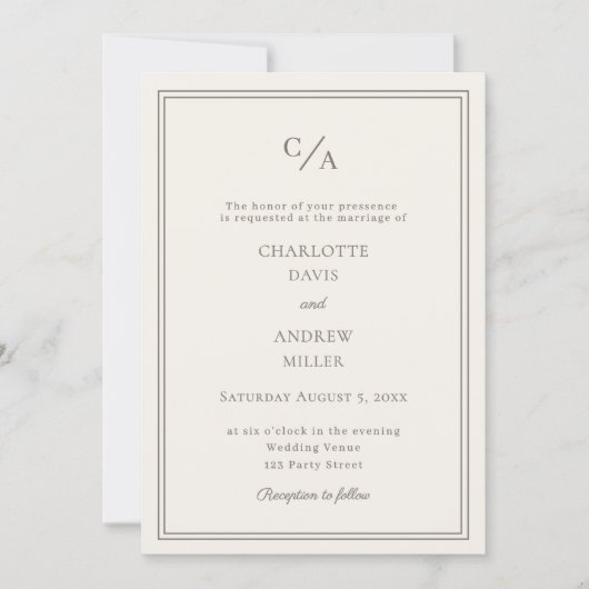 Wedding ivory taupe monogrammed simple 招待状 (正面)