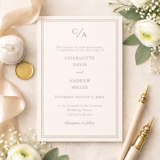 Wedding ivory taupe monogrammed simple 招待状