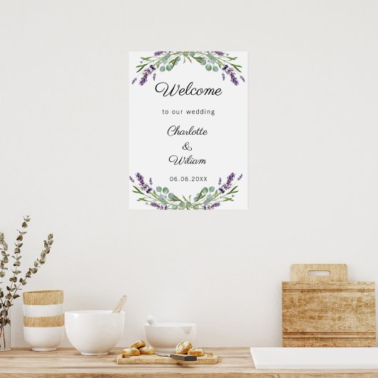 Wedding lavender eucalyptus greenery welcome ポスター (キッチン)