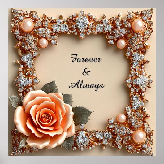Wedding Luxury Gold Peach Rose Diamonds Pearls ✨🌸 ポスター (正面)