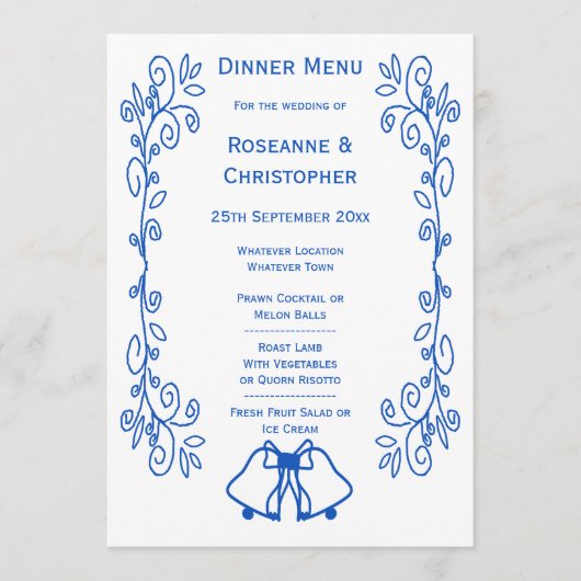 Wedding Menu Card Blue Sapphire Bells Scrollwork  メニュー (正面)