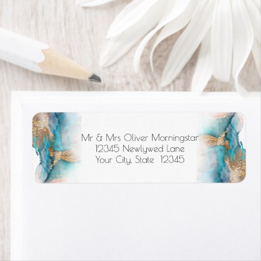 Wedding | Modern Aqua and Gold Abstract ラベル (インサイチュ)