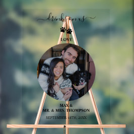 Wedding Modern Photo Couple Pet Dog Drinks on Us アクリルサイン