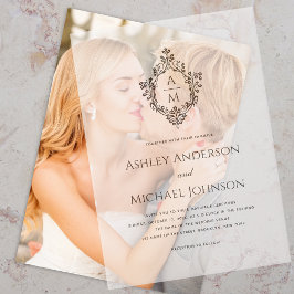 Wedding Monogram in Crest Black and White Elegant ベラム紙招待状