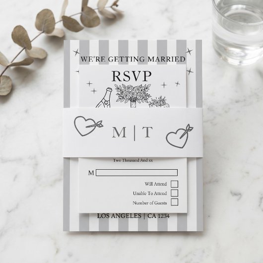 Wedding Monogrammed Grey and White  招待状ベリーバンド