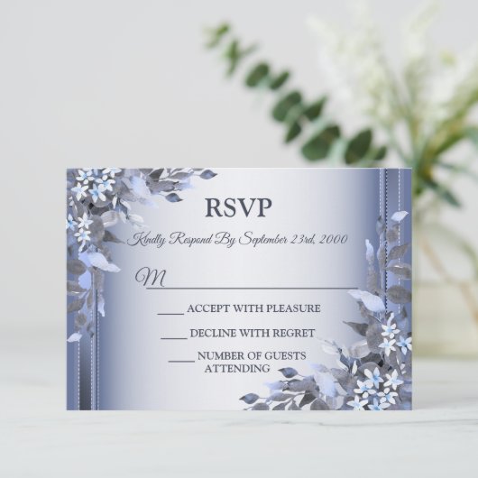 Wedding Navy Blue Floral Silver Gray Party 出欠カード (スタンド正面)