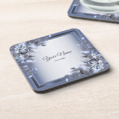 Wedding Navy Blue Floral Silver Gray Party Elegant コースター (左側)