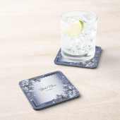 Wedding Navy Blue Floral Silver Gray Party Elegant コースター (右側)
