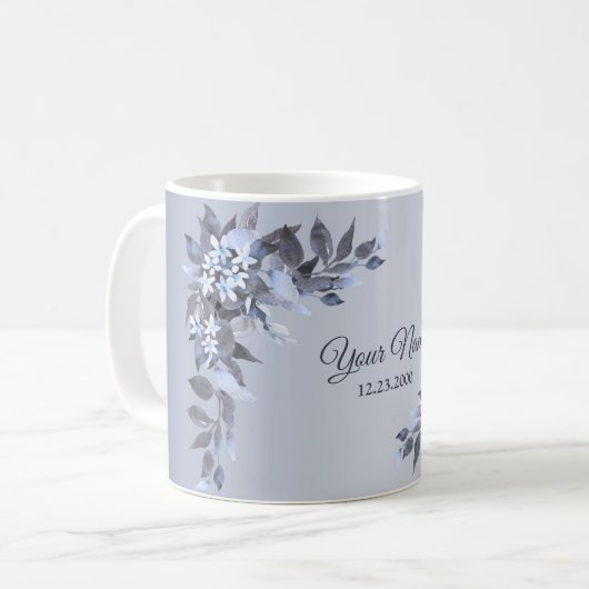 Wedding Navy Blue Floral Silver Gray Party Elegant コーヒーマグカップ (正面左)