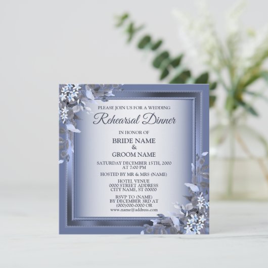 Wedding Navy Blue Floral Silver Rehearsal Dinner 招待状 (スタンド正面)