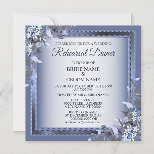 Wedding Navy Blue Floral Silver Rehearsal Dinner 招待状 (正面)